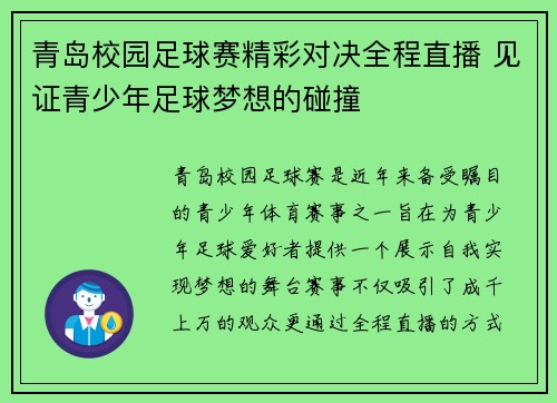 青岛校园足球赛精彩对决全程直播 见证青少年足球梦想的碰撞